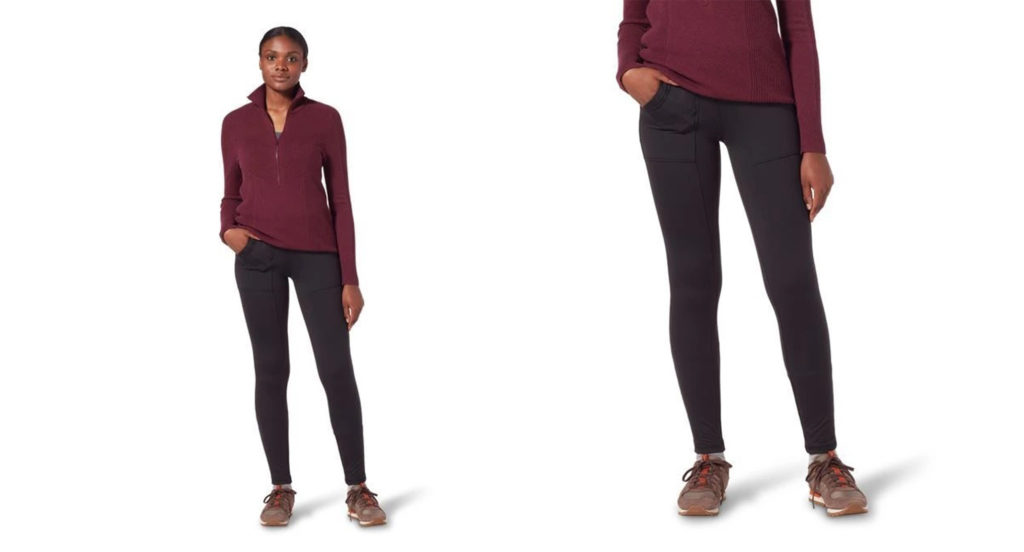 Model wearing the Royal Robbins Backcountry Pro Winter Legging in a full body shot and a close up