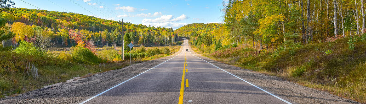 Open road with a single car driving in the distance, surrounded by green trees on a clear day