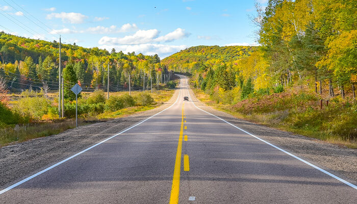 Open road with a single car driving in the distance, surrounded by green trees on a clear day
