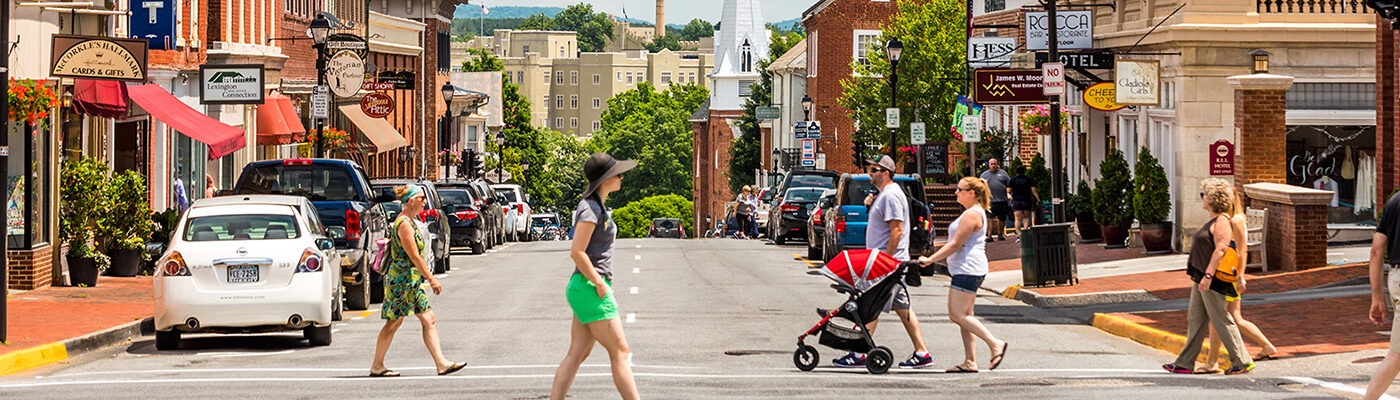 People walking around downtown Lexington, Virginia, United States on a sunny day